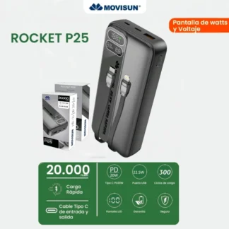 POWER BANK 20.000 mah - ROCKET P25 - MOVISUN - CARGA RAPIDA